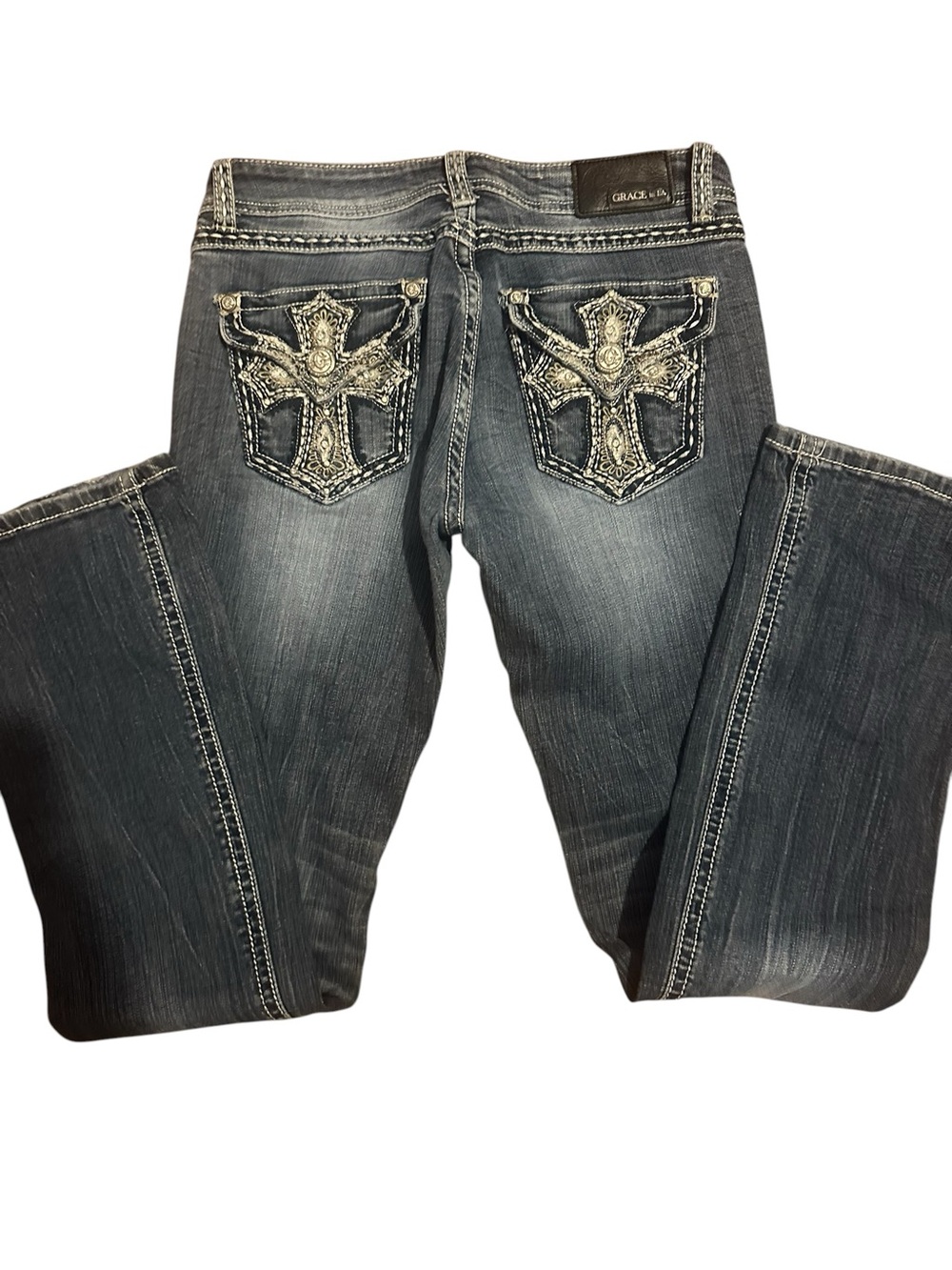 Grace in LA western cross embroidered embellished low rise jeans women’s 29